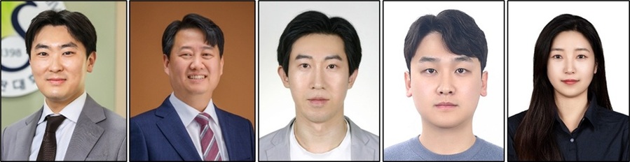▲ 공동 연구팀. 왼쪽부터 전일 교수(성균관대), 김동석 교수(UNIST), 이일현 박사과정생(성균관대), 신윤섭 박사(UNIST), 한지예 박사(성균관대).ⓒ성균관대