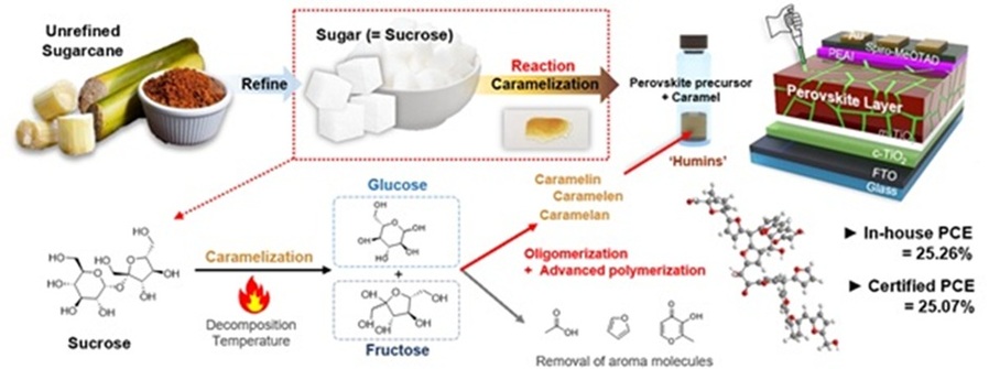 ▲ 캐러멜화된 수크로스를 첨가제로 사용한 고성능 페로브스카이트 태양전지 개발.ⓒ성균관대