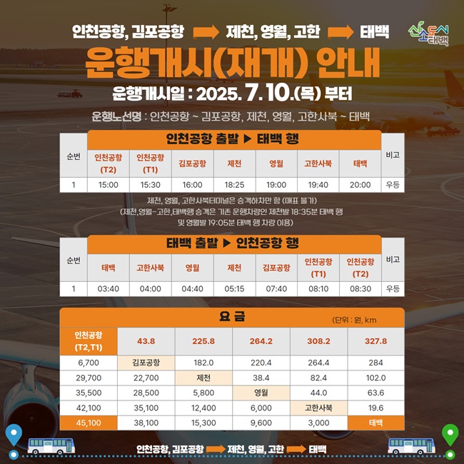 ▲ 강원도 태백시가 오는 7월 10일부터 태백~고한·영월·제천~김포·인천공항 노선의 공항 리무진 버스 운행을 재개한다. 공항 리무진 버스 시간표.ⓒ태백시
