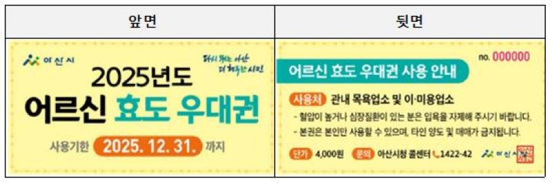 ▲ 2025년 하반기 어르신 효도우대권.ⓒ아산시