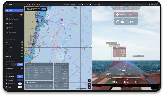 ▲ 아비커스(Avikus)사의 자율운항 솔루션 '하이나스(HINAS) 컨트롤'에서 항해 정보와 탐지된 물체 등을 증강현실(AR)로 나타낸 모습. ⓒ한국해양교통안전공단
