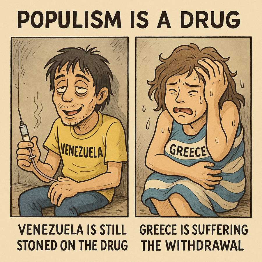 ▲ 캐리커쳐 작성 기능을 가진 챗GPT에게《포퓰리즘은 마약, 베네수엘라는 아직도 마약에 쩔어 있고, 그리스는 금단현상으로 신음중임》을 그려달라고 요청해서 생성된 삽화. ⓒ 챗GPT