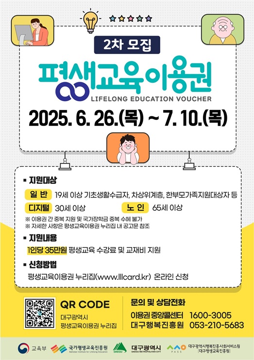 ▲ 대구광역시행복진흥사회서비스원(이사장 배기철, 이하 대구행복진흥원)은 6월 26일부터 지원유형을 확대하여 2차 평생교육이용권 이용자를 모집하고 있다.ⓒ대구행복진흥원
