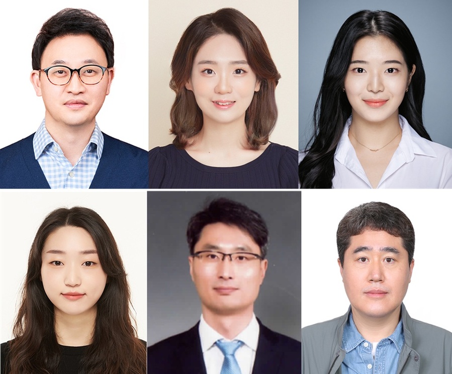 ▲ 공동 연구팀. 윗줄 왼쪽부터 시계방향으로 이화여대 주계일 교수, 지은현 박사과정생, 김예솔 석사졸업생, 영남대 송영훈 박사, 서정현 교수, 이화여대 이은지 통합과정생.ⓒ이화여대