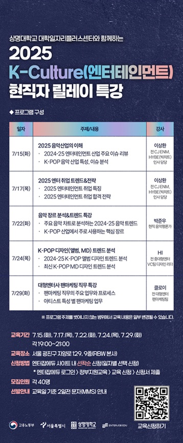 ▲ '지역청년과 함께하는 K-컬처 현직자 릴레이 특강' 포스터.ⓒ상명대