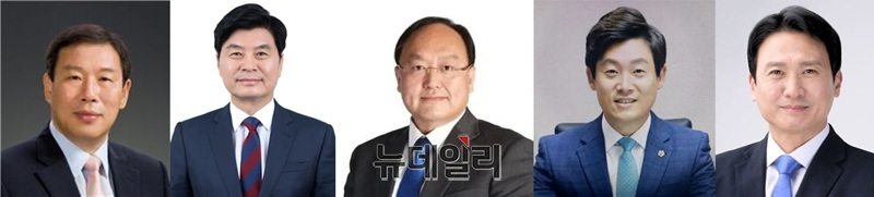 ▲ 내년 6월 치러질 지방선거를 앞두고 세종시장 선거 출마 예상자. 좌측부터 국민의힘 최민호 세종시장. 민주당 이춘희 전 세종시장, 조상호 전 세종시경제부시장, 고준일 전 세종시의회 의장, 김수현 기본사회세종본부 상임대표.ⓒ뉴데일리DB