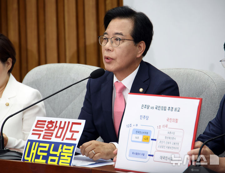 ▲ 송언석 국민의힘 비상대책위원장 겸 원내대표가 4일 서울 여의도 국회에서 열린 원내대책회의에서 추경과 관련헤 더불어민주당을 규탄하는 발언을 하고 있다. ⓒ뉴시스