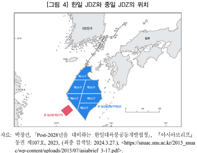 ▲ 한일 공동개발구역(JDZ)과 중일 공동개발구역(JDZ)의 위치. 중일 JDZ는 한일JDZ에서 불과 925m 떨어져 있다. ⓒ국회입법조사처 '한·일 대륙붕 공동개발체제 종료 대비방안' 보고서 캡처