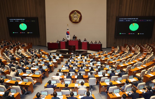 ▲ 4일 오후 서울 여의도 국회에서 열린 제426회 국회(임시회) 제5차 본회의에서 제2회 추가경정예산안 수정안이 재석 182인, 찬성 168인, 반대 3인, 기권 11인으로 가결되고 있다. ⓒ뉴시스