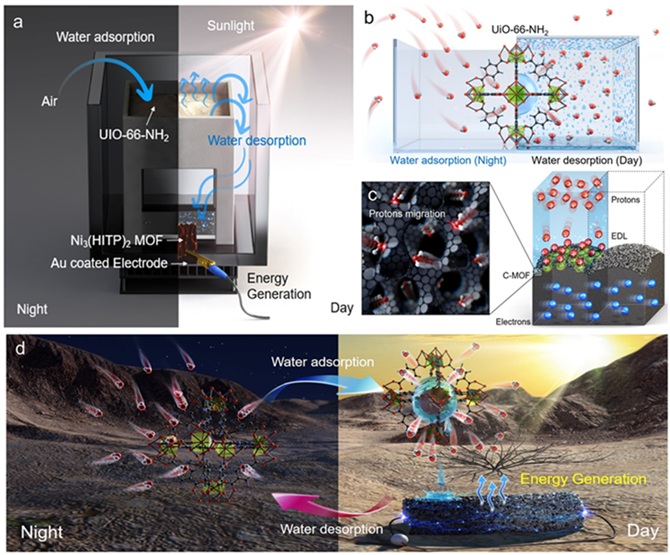 ▲ 에너지 생성 시스템 및 메커니즘 개략도. (a) 일교차에 의한 물 순환을 통해 구동되는 자율 전기 에너지 하베스팅 시스템 (b) UiO-66-NH₂를 이용한 물 수확 메커니즘 (c) Ni3(HITP)2를 이용한 전기 에너지 생성 메커니즘 (d) 주변 환경 조건에서 자율 물 수확 및 지속 가능한 전기 에너지 생성 시스템.ⓒ아주대