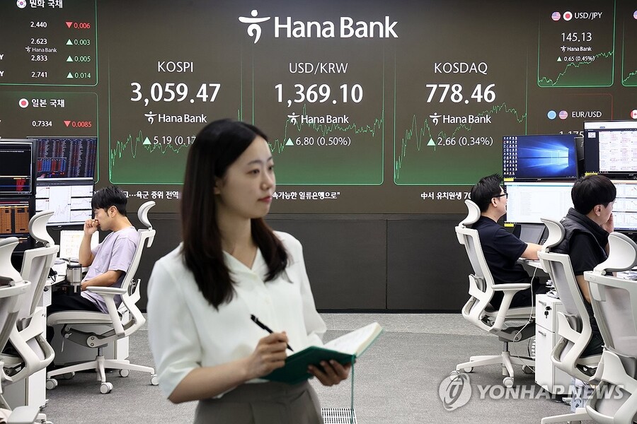 ▲ 코스피가 5.19p(0.17%) 오른 3059.47에 장을 마감한 7일 서울 하나은행 본점 딜링룸의 모습. ⓒ연합뉴스