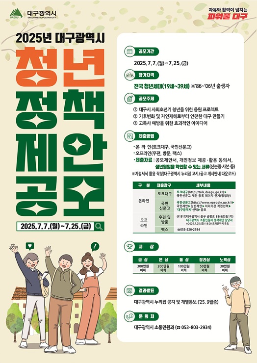 ▲ 대구광역시는 전국 청년세대(19~39세)의 창의적인 아이디어를 시정에 적극 반영해 정책의 효과성을 제고하기 위해 ‘2025년 대구광역시 청년 정책제안 공모’를 실시한다.ⓒ대구시