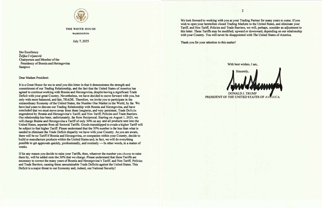 ▲ 도널드 트럼프 미국 대통령이 SNS에 공개한 상호관세 통보 서한. 250707 사진=트럼프 대통령 SNS 갈무리. ⓒrealDonaldTrump