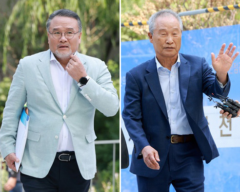 ▲ 이일준 삼부토건 회장(왼쪽)과 조성옥 전 삼부토건 회장이 7월 10일 김건희 여사 관련 의혹을 수사 중인 민중기 특별검사팀의 조사를 받기 위해 서울 종로구 KT광화문빌딩 웨스트에 마련된 특검 사무실에 출석하고 있다. ⓒ연합뉴스 제공