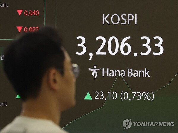 ▲ 3200이 넘은 코스피 지수가 시황판에 보이고 있다. /연합뉴스