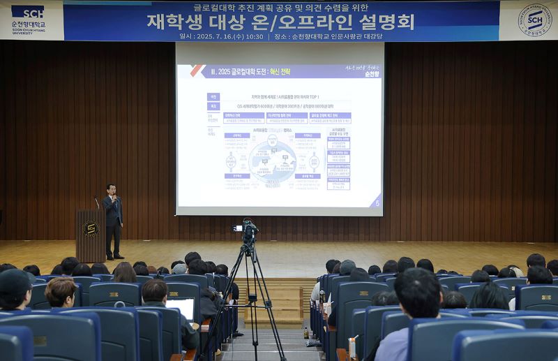 ▲ 한상민 순천향대 기획처장이 재학생 대상 ‘글로컬대학 설명회’에서 학사구조 개편 방향과 혁신 전략을 공유하고 있다.ⓒ순천향대