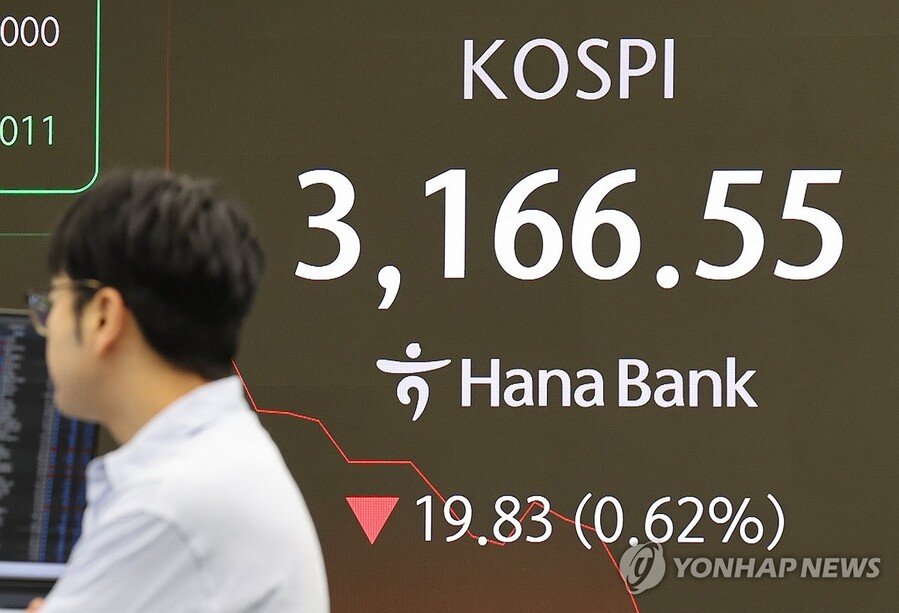 ▲ 골드만삭스가 SK하이닉스 투자의견을 하향한 보고서를 발표한 이후 SK하이닉스 주가는 장중 9% 넘게 폭락하기도 했다. 사진은 이날 서울 중구 하나은행 본점 딜링룸에 코스피가 하락세를 거듭하는 장면ⓒ연합뉴스
