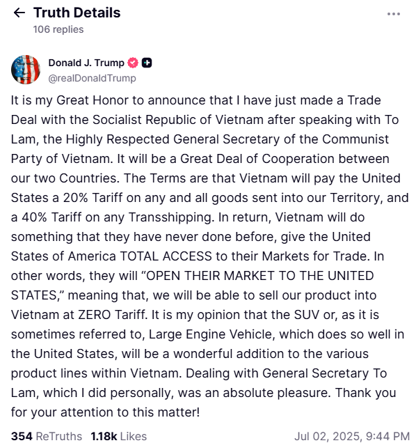 ▲ 지난 2일(현지시간) 트럼프 대통령은 '트루스소셜'을 통해 베트남산 수입품에 일률 20% 관세를 부과하고, 베트남을 통한 제3국(중국 등) 환적품에는 40% 관세를 매길 것이라고 발표했다. ⓒ도널드 트럼프 미국 대통령의 '트루스소셜' 계정