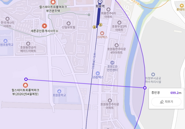 ▲ 단지와 공공하수처리장 거리. ⓒ네이버지도 갈무리