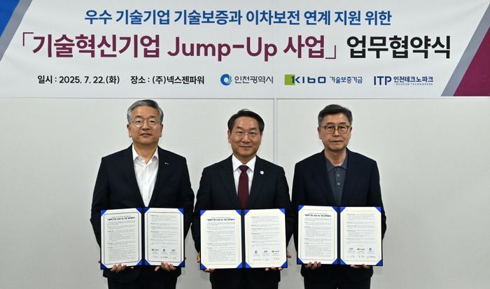 ▲ 유정복(가운데) 인천시장이 22일 김종호(왼쪽)기술보증기금 이사장, 이주호 인천테크노파크 원장과 '기술혁신기업 Jump-Up 사업 업무협약을 체결하고 기념 촬영을 하고 있다.ⓒ 인천시 제공