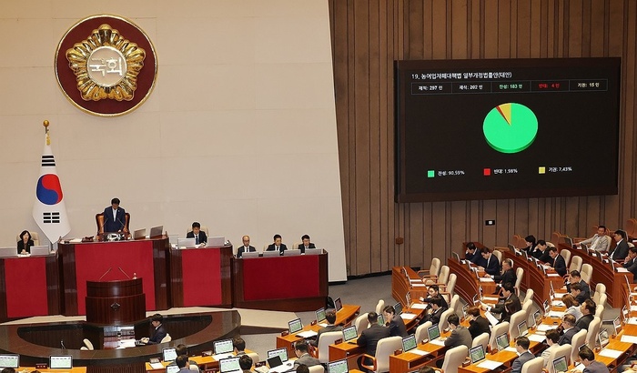 ▲ 23일 국회 본회의에서 농어업재해대책법 일부개정법률안이 통과되고 있다. ⓒ연합뉴스