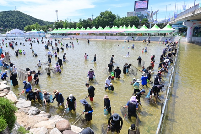 ▲ 관광객들이 내성천에 직접 들어가 축제의 대표 프로그램인 ‘은어 반두잡이 체험’을 하고 있다.ⓒ봉화군