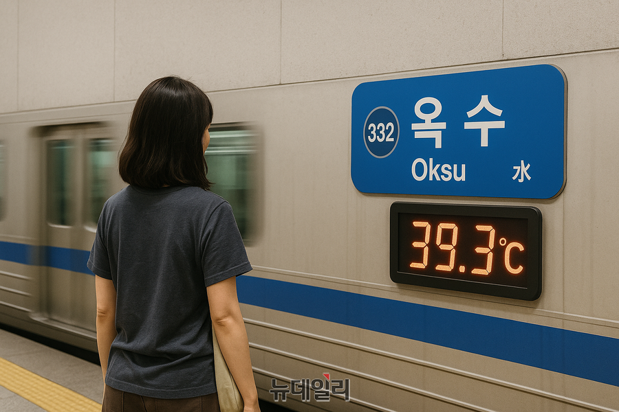 ▲ 24일 외부 온도가 34.1도 였을때 3호선 옥수역은 39.3도를 기록했다. ⓒAI생성