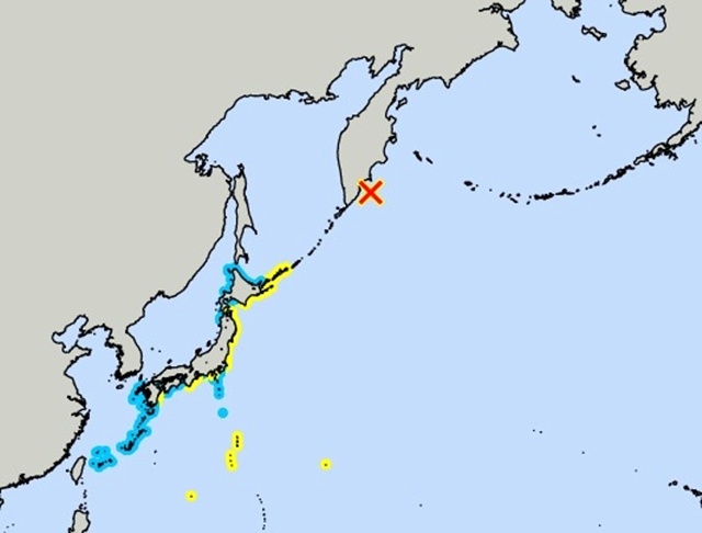 ▲ 일본 태평양 연안부에 쓰나미 주의보(노란색 부분). 일본기상청 홈페이지 갈무리. ⓒ연합뉴스