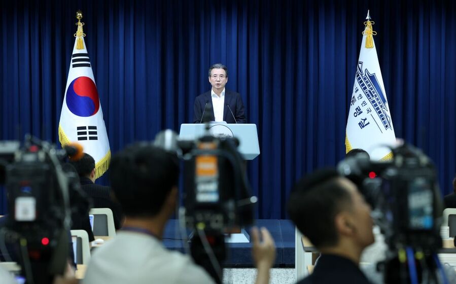 ▲ 김용범 정책실장이 31일 서울 용산 대통령실 청사에서 관세 협상 타결 관련 브리핑을 하고 있다. ⓒ뉴시스