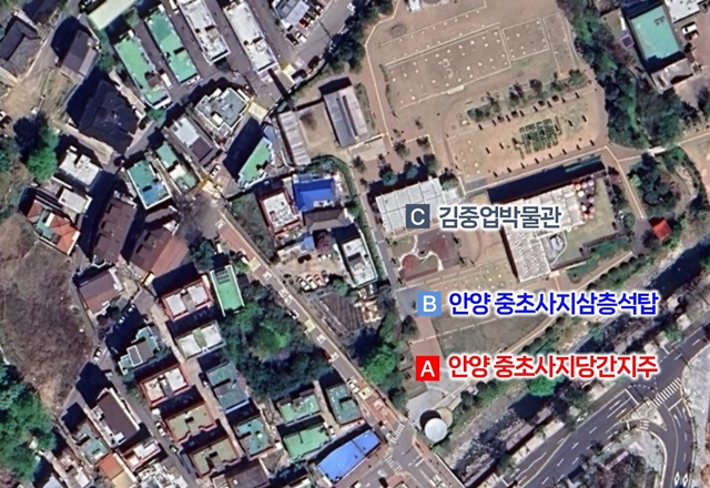 ▲ '안양 중초사지 당간지주' 인근 항공사진. ⓒ안양시 제공