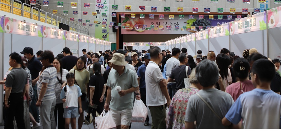 ▲ 2025 향수옥천 포도복숭아 축제 행사장에 많은 방문객들이 축제에 참여하고 있다. ⓒ옥천군