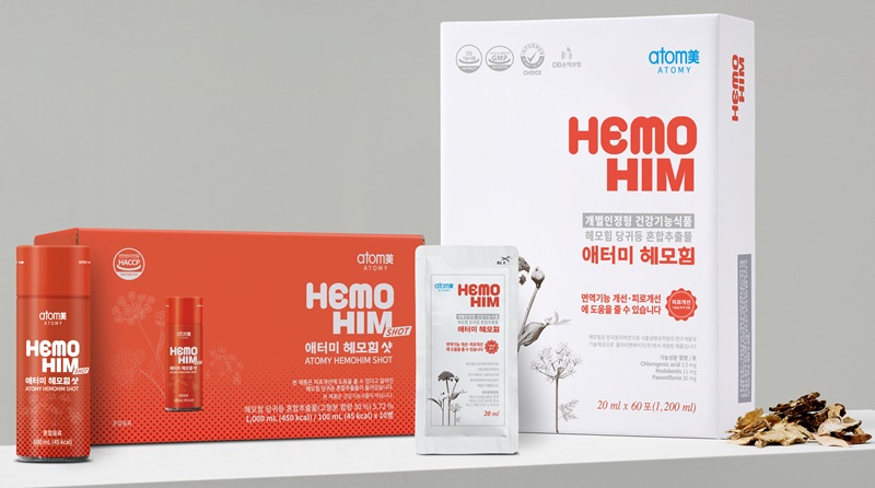 ▲ 새로 출시된 헤모힘 샷(왼쪽)과 건강기능식품 스테디셀러 헤모힘(오른쪽)ⓒ애터미
