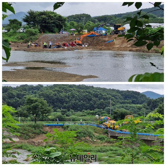 ▲ 6일 오전 충북 증평군 도안면 화성6리 화성보 수먄 아래 지하에 묻혀 있는 송수관로가 파손돼 한국수자원공사와 증평군이 굴착기를 긴급 투입해 송수관로 보수 공사를 실시하고 있다.ⓒ양승갑 기자