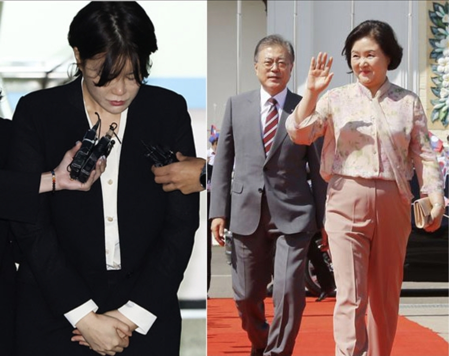 ▲ 보무당당 김정숙의 모습. 표정에 자기가 대통령이라는 거들먹거림이 줄줄 흐른다. 왼쪽은 사고뭉치 딸 문다혜의 모습. 주류언론은 왜 이들에게 그렇게 너그러웠을까? ⓒ 뉴데일리