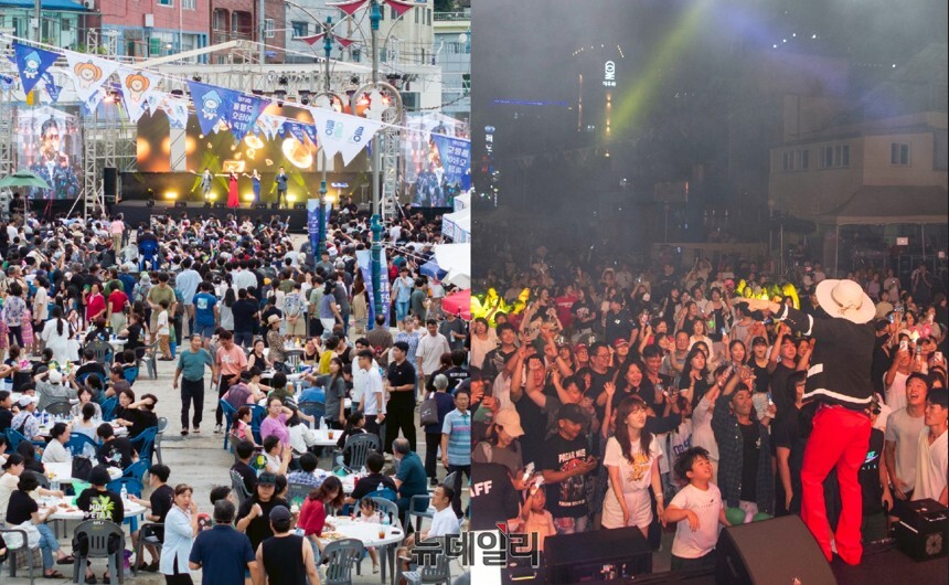 ▲ 울릉 저동항 일원의 야외 특설무대서 관객들이 공연을 관람하고 있다.ⓒ뉴데일리