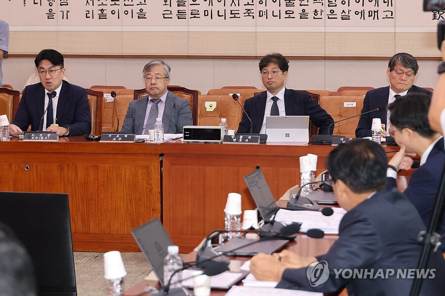 ▲ 지난달 28일 국회 법제사법위원회에서 열린 검찰개혁 법안 관련 공청회에서 모성준 사법연수원 교수가 발표하고 있다. 오른쪽에서 두번째가 양홍석 변호사 ⓒ연합뉴스 제공