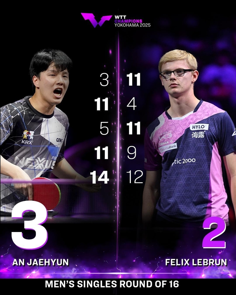 ▲ 인재현이 요코하마 대회 16강에서 프랑스 르브렁을 3-2로 꺾었다.ⓒWTT 제공
