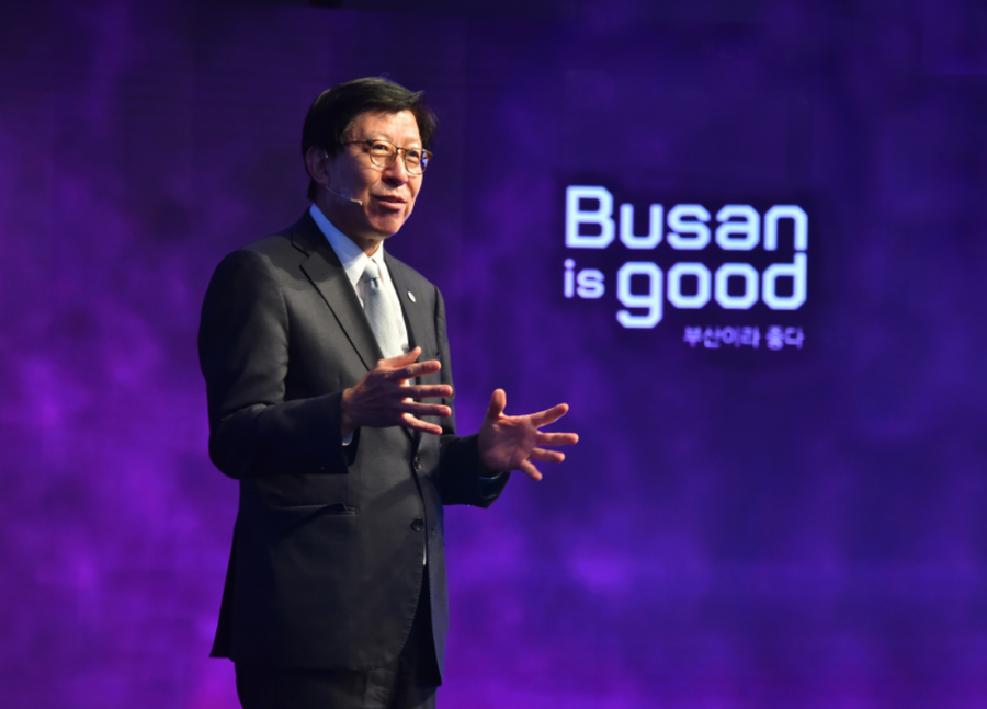 ▲ 세계도시브랜드포럼에서 박형준 부산시장이 부산을 소개하고 있다.ⓒ부산시