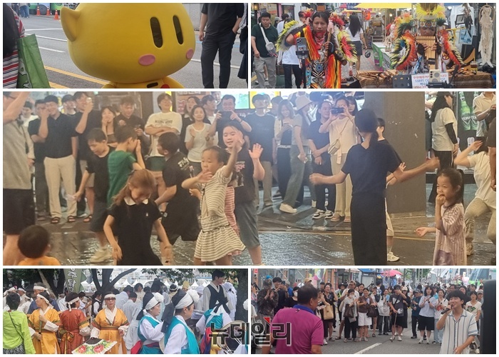 ▲ 대전 0시 축제 기간 축제장 인근 골목에서는 아이들이 음악에 맞춰 춤을 추웠고, 멕시코 악단의 이색 연주가 흘러나오는 등 축제 분위기가 한껏 달아올랐다.ⓒ김경태 기자