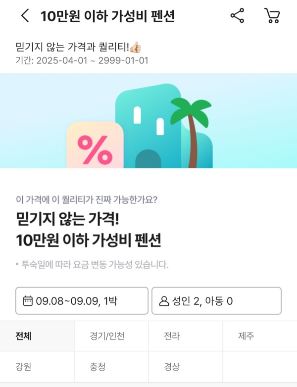 ▲ 놀유니버스는 최근 '10만원 이하 가성비 펜션' 카테고리를 오픈하고 전국 811개 숙소를 판매 중이다. ⓒ놀 앱 캡처