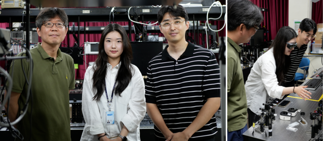 ▲ 메타렌즈 개발에 참여하는 (왼쪽부터) 포스텍 노준석 교수와 강현정 연구원, 삼성리서치 윤정근 연구원 ⓒ삼성전자 뉴스룸