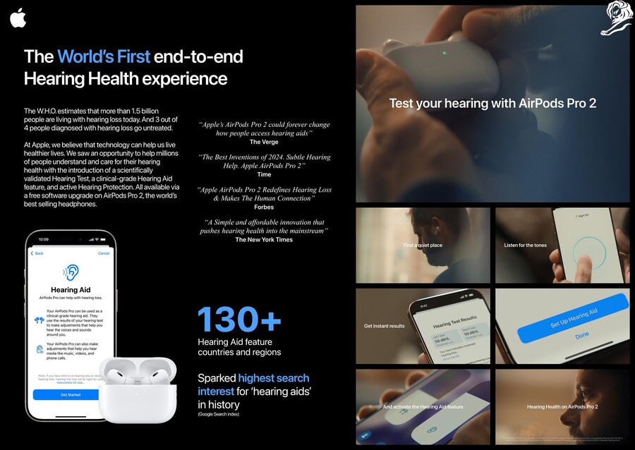 ▲ 에어팟 프로 2 보청기 기능(AirPods Pro 2 Hearing Aid Feature) 캠페인 PT보드. ⓒ칸라이언즈