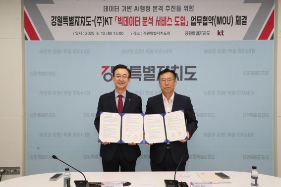 ▲ 강원특별자치도와 ㈜케이티가 데이터 기반 AI행정 본격 시행을 위한 '민간데이터 공동활용 추진 업무협약(MOU)'을 체결했다. ⓒ강원특별자치도