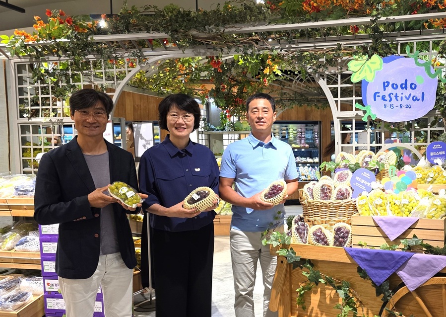 ▲ 경북도는 육성포도 신품종 홍보행사(배일용 골드스위트재배농가. 조영숙 경북도농업기술원장. 김완진 경북포도연합회장)를 열었다.ⓒ경북도