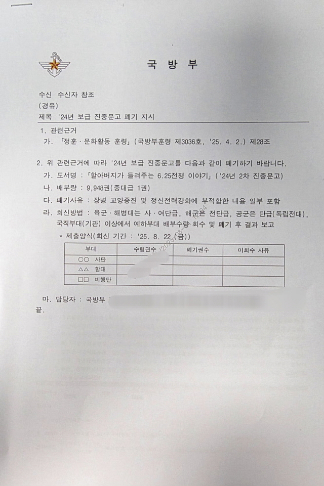 ▲ 유용원 국민의힘 의원실에 따르면 국방부는 진중문고 도서 중 '할아버지가 들려주는 6·25전쟁 이야기'를 22일까지 회수·폐기한 뒤 보고하라는 공문을 8일 내려보냈다. ⓒ유용원 국민의힘 의원실