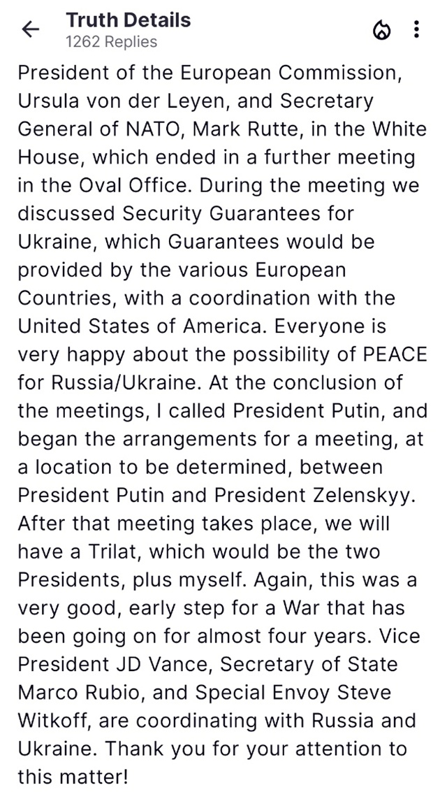 ▲ 250819 사진=도널드 트럼프 트루스소셜 갈무리. ⓒDonald J. Trump