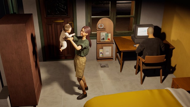 ▲ 집에서 컴퓨터만 하는 강씨 아빠 조이와 둘째와 놀아주는 딸 조이의 모습.