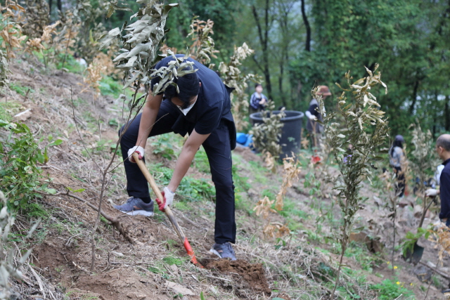 ▲ DL이앤씨 직원들이 서울 마포구 노을공원을 찾아 도토리묘목을 심고 있다. ⓒDL이앤씨