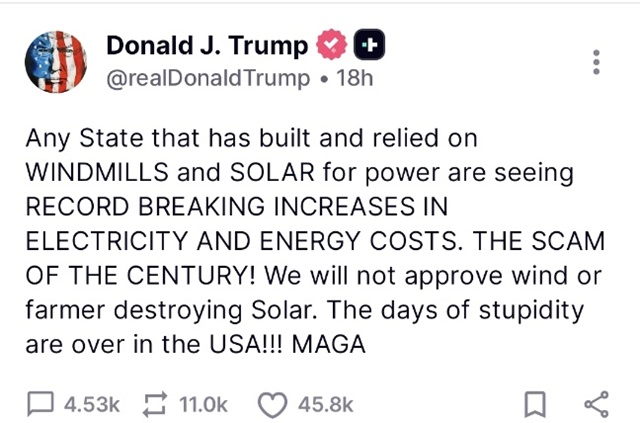 ▲ 재생에너지를 불신하는 도널드 트럼프 미국 대통령이 미국 내 풍력발전과 태양광발전을 