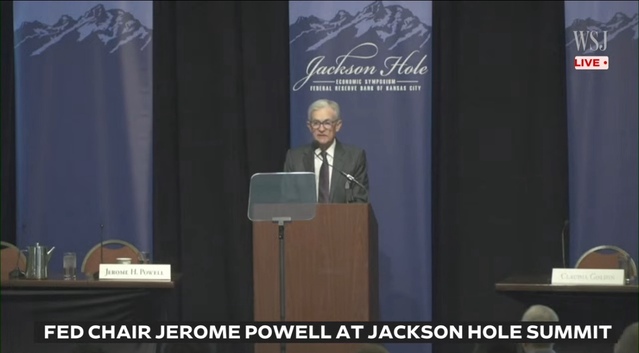 ▲ 22일(현지시각) 제롬 파월 미국 연방준비제도 의장이 잭슨 홀 미팅에서 연설하고 있다. 출처=월스트리트저널 유투브 채널 갈무리ⓒ월스트리트저널